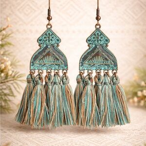 Teal drop fringe tribal Aztec earrings